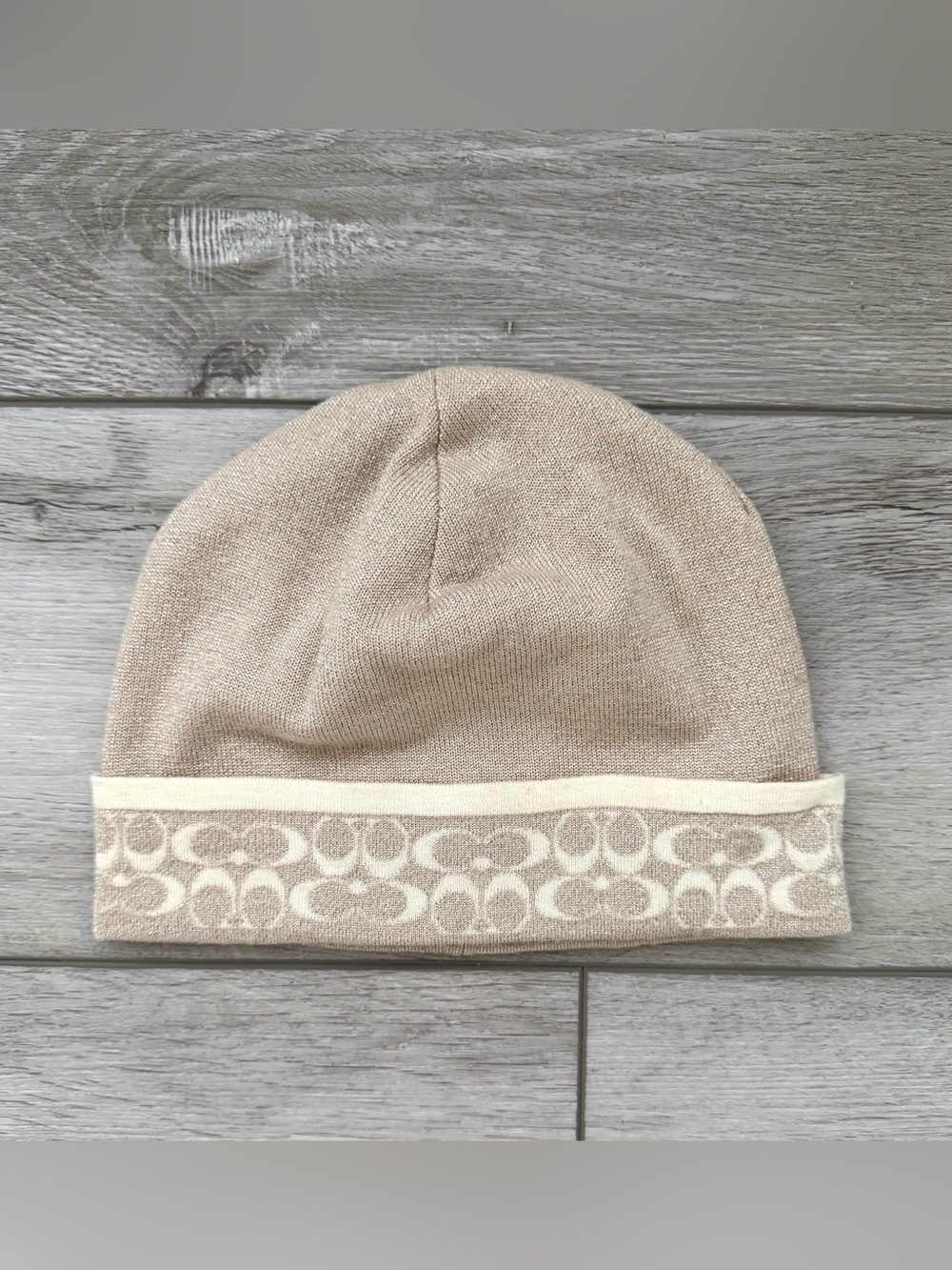 Vintage Coach Signature Beanie Hat in Light Beige/Cream with Gold Thread
